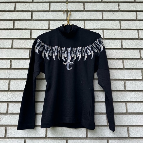 Vintage Bogner Made Italy Wool Layer Mock Neck Feather Embroidered Black Shirt - Picture 1 of 11